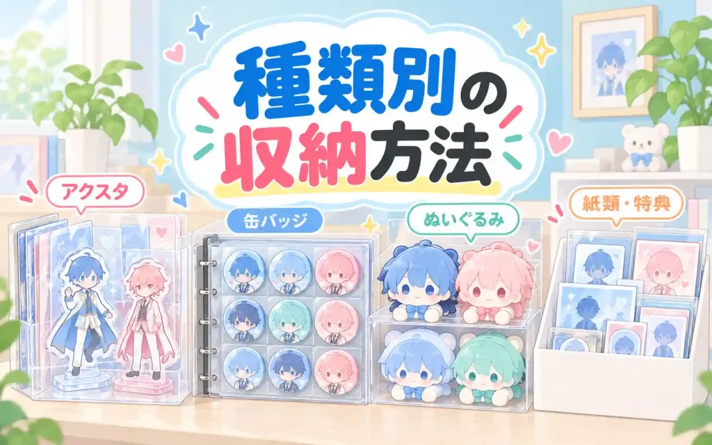 種類別の収納方法｜アクスタ・缶バッジ・ぬいぐるみ・紙類